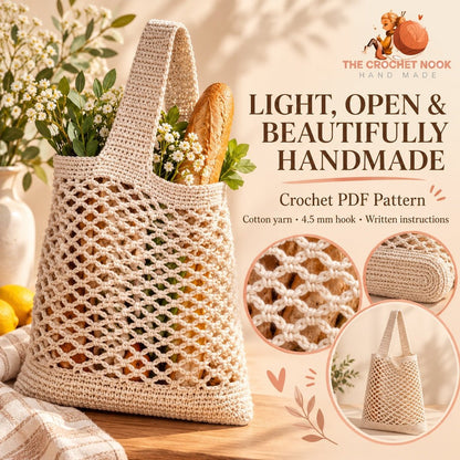 Everyday Mesh Market Bag Crochet Pattern showing the actual stitch texture and construction details. Digital pattern; PDF delivered manually by email after purchase.