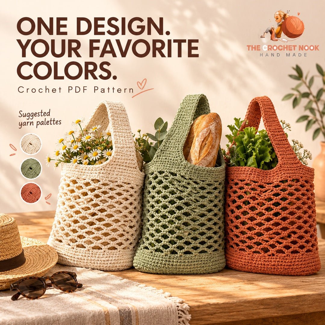 Everyday Mesh Market Bag Crochet Pattern in suggested alternative yarn colors with the same stitch design. Digital pattern; PDF delivered manually by email after purchase.