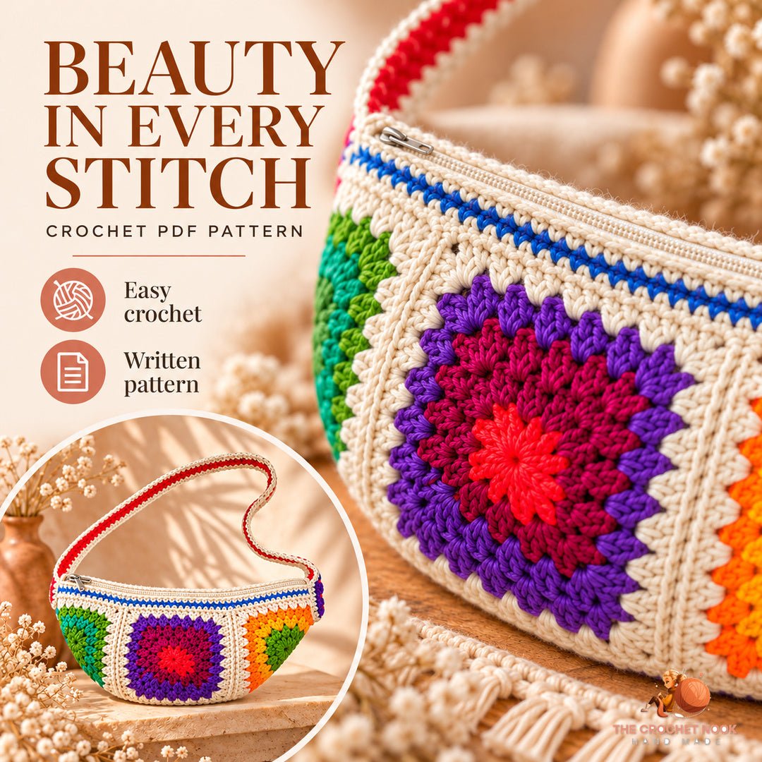 Close-up of the original Festival Bloom Granny Crossbody Bag stitch texture and crochet design.