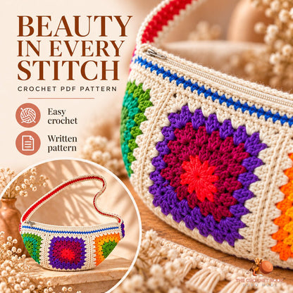 Close-up of the original Festival Bloom Granny Crossbody Bag stitch texture and crochet design.