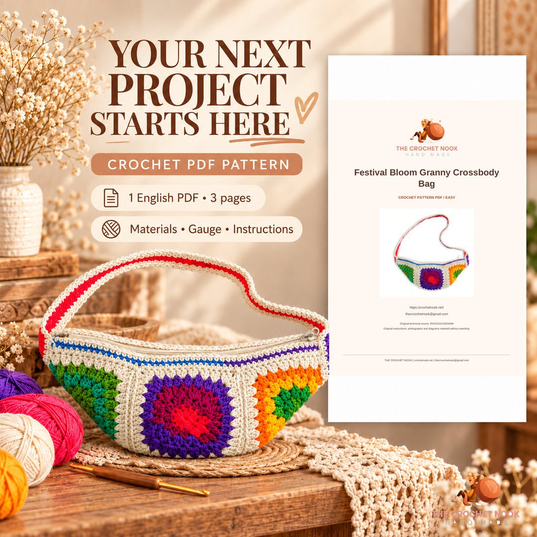 Festival Bloom Granny Crossbody Bag crochet project with yarn, hook and the actual cover preview of the 3-page English PDF pattern.