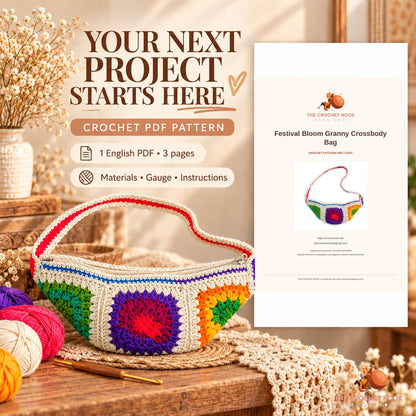 Festival Bloom Granny Crossbody Bag crochet project with yarn, hook and the actual cover preview of the 3-page English PDF pattern.