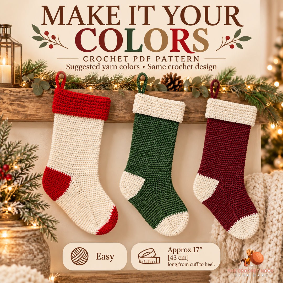 Suggested alternative yarn colors for the same Fireside Holiday Stocking crochet construction; color inspiration.