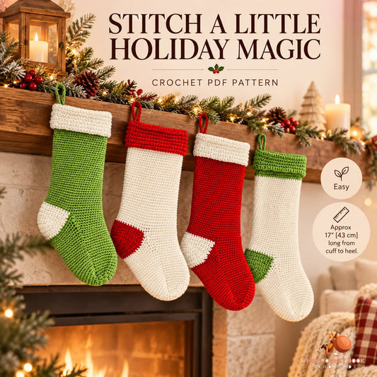 Fireside Holiday Stocking crochet stocking in a cozy lifestyle setting; digital crochet PDF pattern.