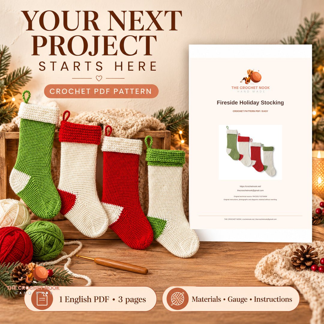 Fireside Holiday Stocking crochet project with yarn, hook and the actual cover preview of the 3-page English PDF pattern.