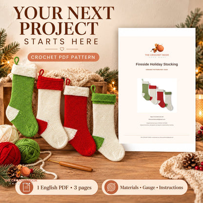 Fireside Holiday Stocking crochet project with yarn, hook and the actual cover preview of the 3-page English PDF pattern.