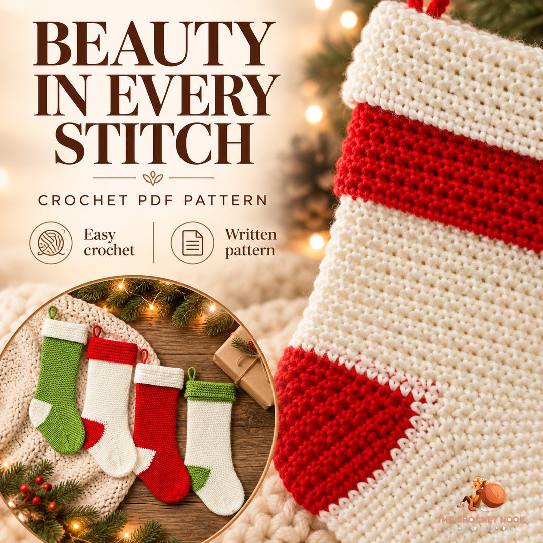 Close-up of the original Fireside Holiday Stocking stitch texture and crochet design.