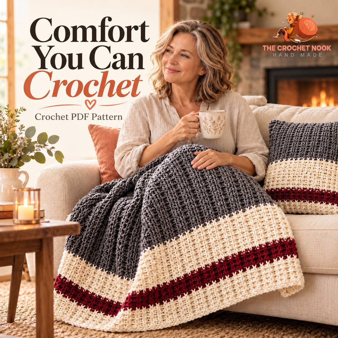 Woman aged around 55 using the charcoal, cream and wine Fireside Ribbed Stripe Throw; crochet PDF pattern.