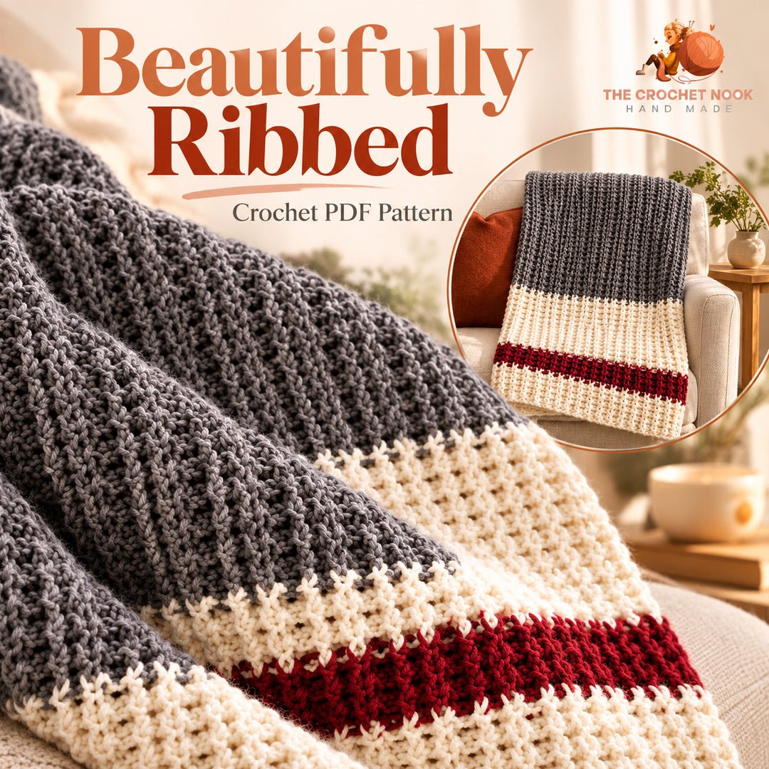 Fireside Ribbed Stripe Throw Crochet Pattern close-up showing the original crochet stitch texture. Digital pattern.