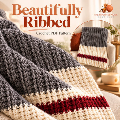 Fireside Ribbed Stripe Throw Crochet Pattern close-up showing the original crochet stitch texture. Digital pattern.
