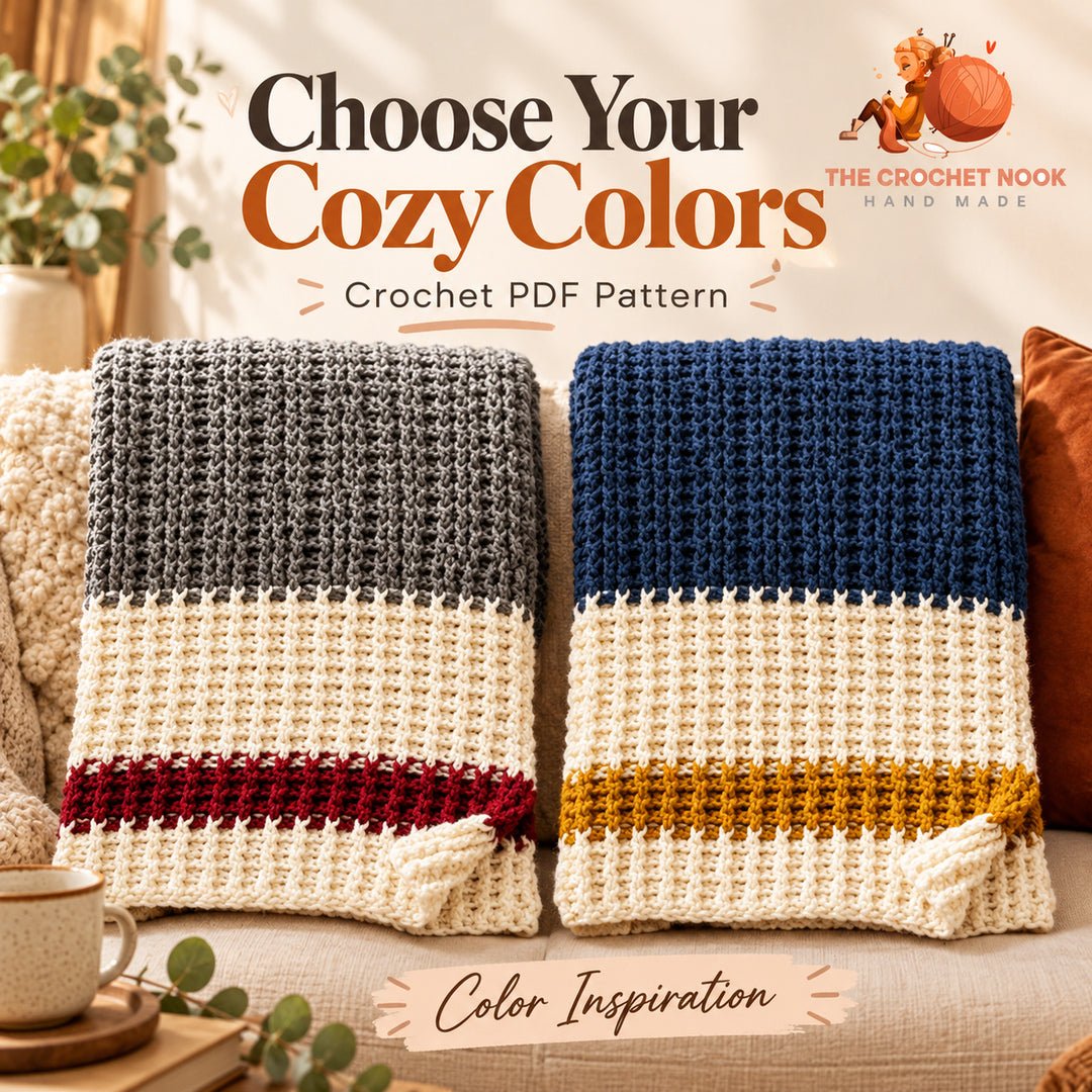 Fireside Ribbed Stripe Throw Crochet Pattern in suggested alternative yarn colors with the original construction. Digital pattern.