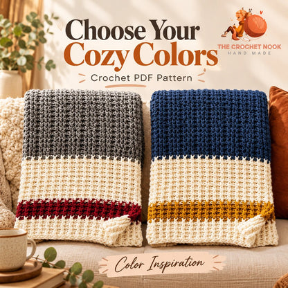 Fireside Ribbed Stripe Throw Crochet Pattern in suggested alternative yarn colors with the original construction. Digital pattern.