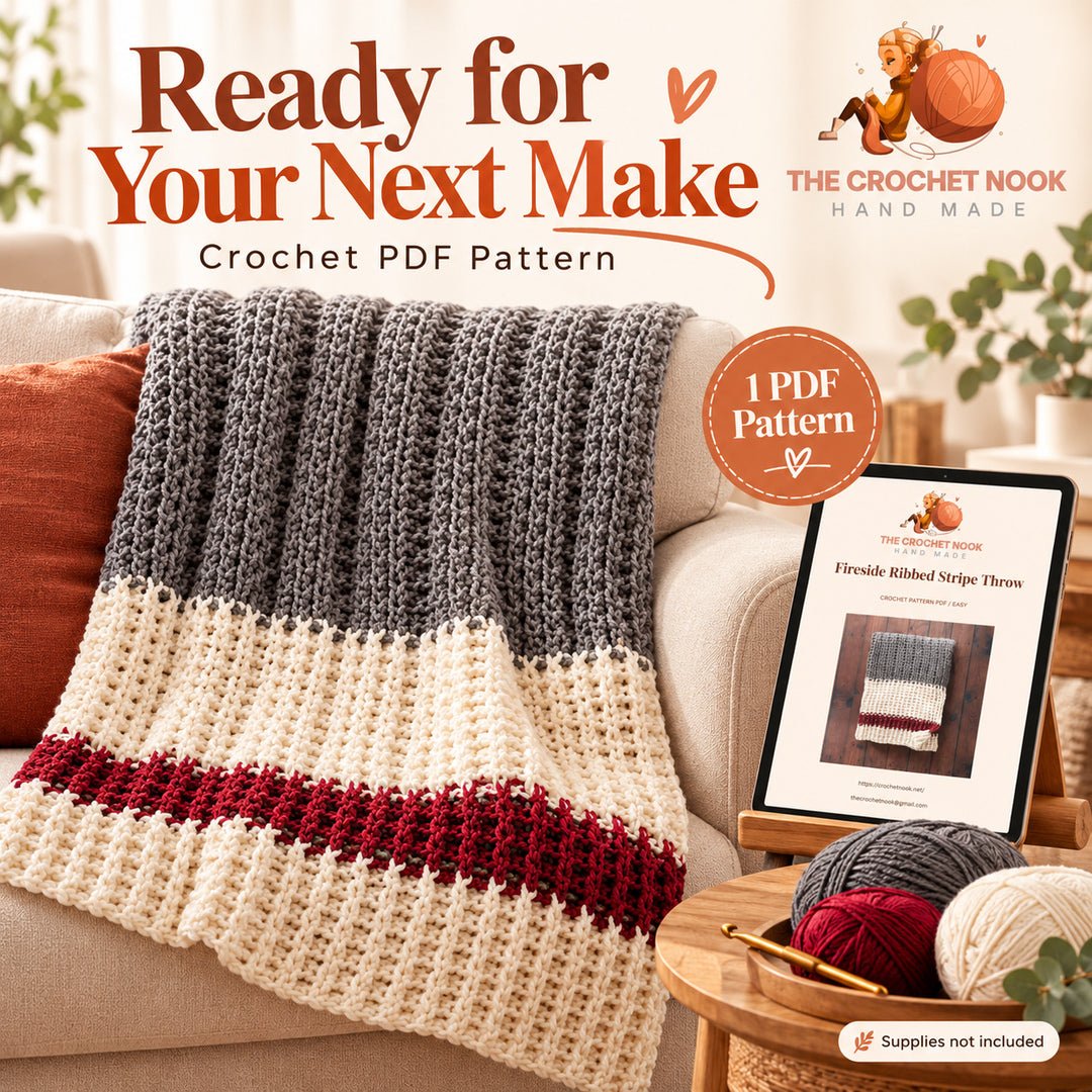 Fireside Ribbed Stripe Throw Crochet Pattern with yarn, crochet hook and the actual PDF cover preview. Digital pattern.