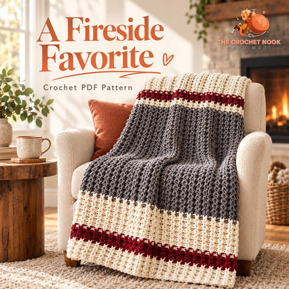 Fireside Ribbed Stripe Throw Crochet Pattern styled in an inviting lifestyle setting. Digital pattern.