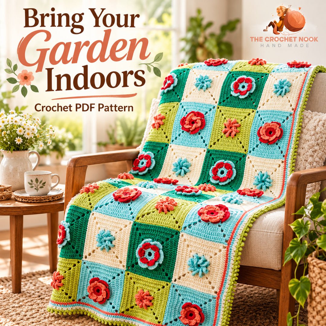 Garden Bloom Floral Granny Blanket Crochet Pattern — finished floral granny blanket styled in a cozy room. Digital pattern.