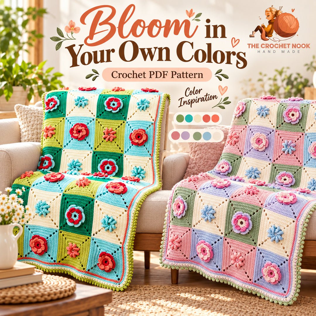 Garden Bloom Floral Granny Blanket Crochet Pattern — original bright and pastel yarn color inspiration in the same floral design. Digital pattern.