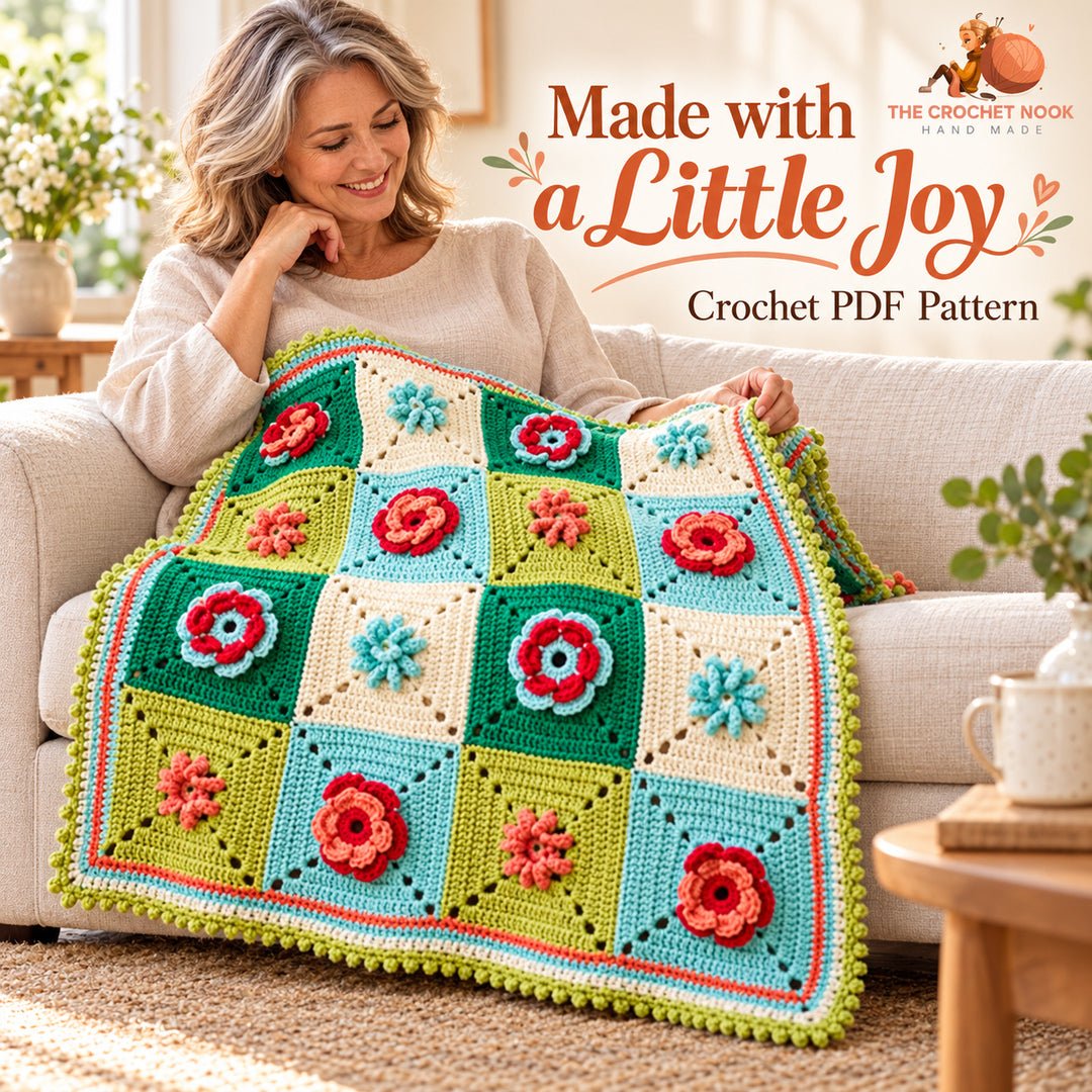 Garden Bloom Floral Granny Blanket Crochet Pattern — floral blanket used by a woman around 55 in a cozy home. Digital pattern.