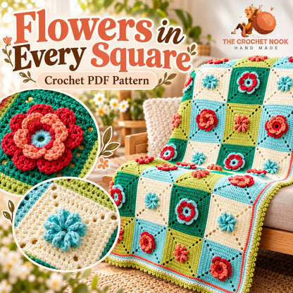 Garden Bloom Floral Granny Blanket Crochet Pattern — close-up of the layered floral motifs and crochet stitches. Digital pattern.