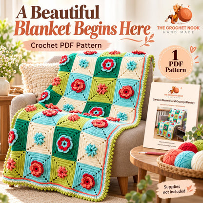 Garden Bloom Floral Granny Blanket Crochet Pattern — blanket with yarn, crochet hook and the actual five-page PDF cover preview. Digital pattern.