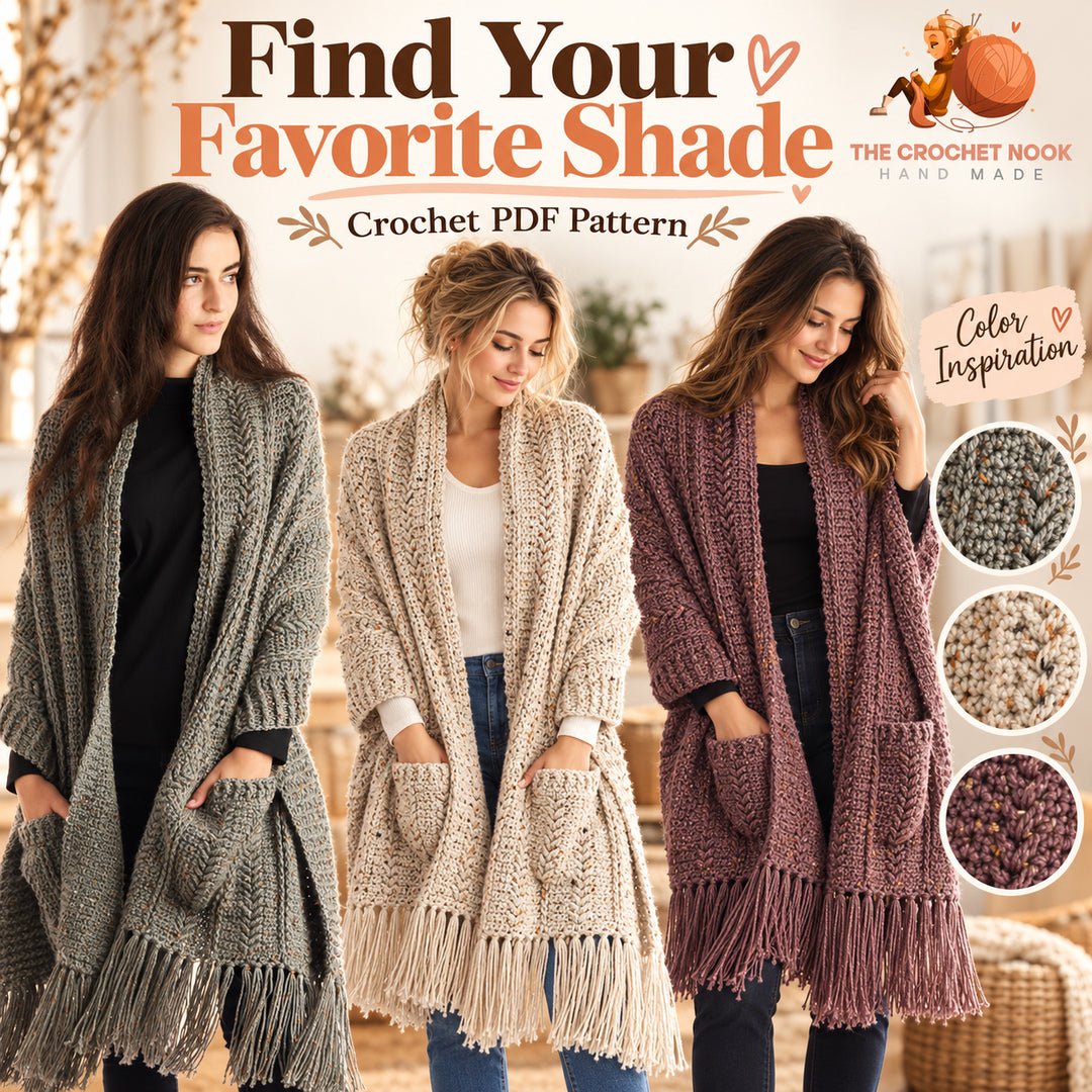 Heather Trails Textured Pocket Shawl Crochet Pattern — gray, oatmeal and plum color inspiration preserving the pocket shawl construction. Digital pattern.