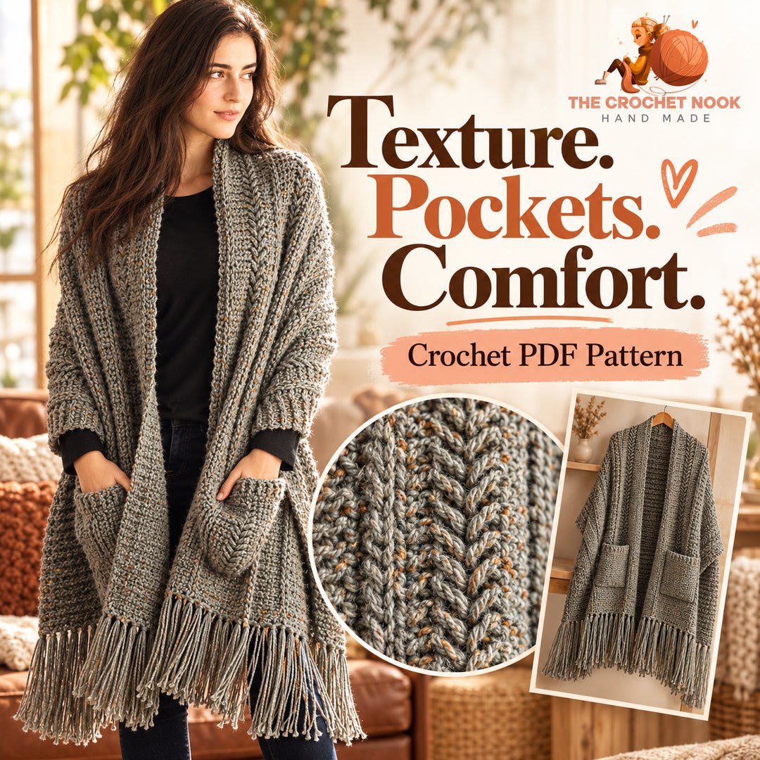 Heather Trails Textured Pocket Shawl Crochet Pattern — close-up of the travelling post-stitch texture, pocket and fringe. Digital pattern.
