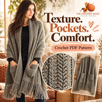Heather Trails Textured Pocket Shawl Crochet Pattern — close-up of the travelling post-stitch texture, pocket and fringe. Digital pattern.