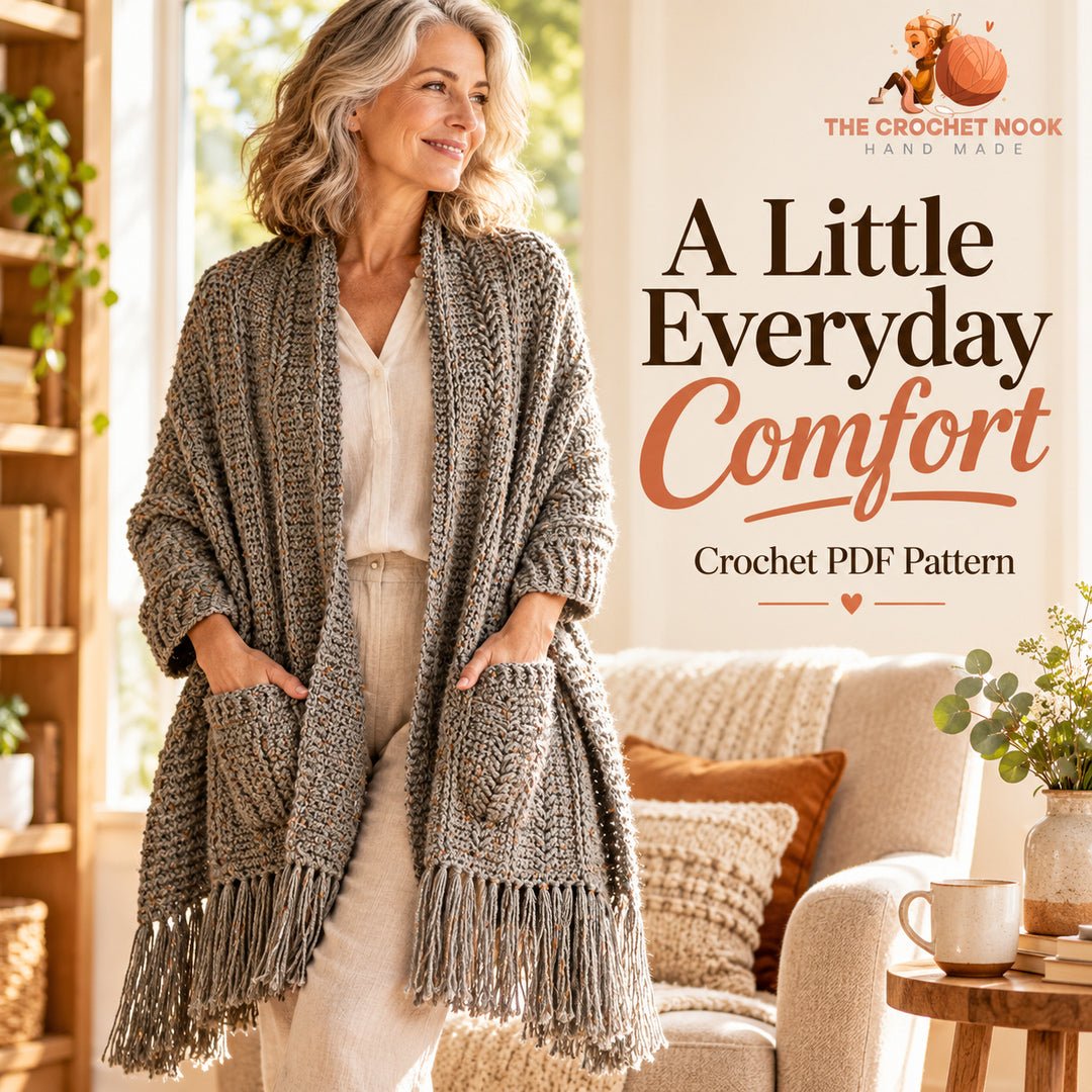 Heather Trails Textured Pocket Shawl Crochet Pattern — woman around 55 wearing the gray tweed shawl, with both pockets and fringe visible. Digital pattern.