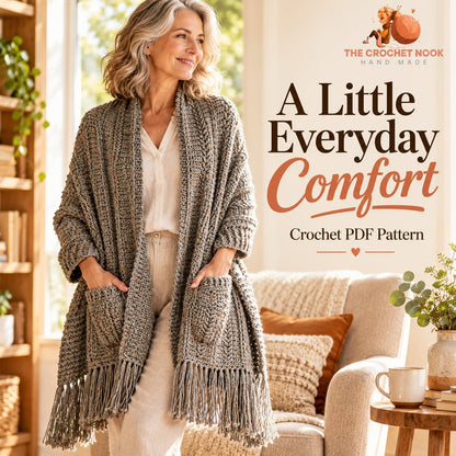 Heather Trails Textured Pocket Shawl Crochet Pattern — woman around 55 wearing the gray tweed shawl, with both pockets and fringe visible. Digital pattern.