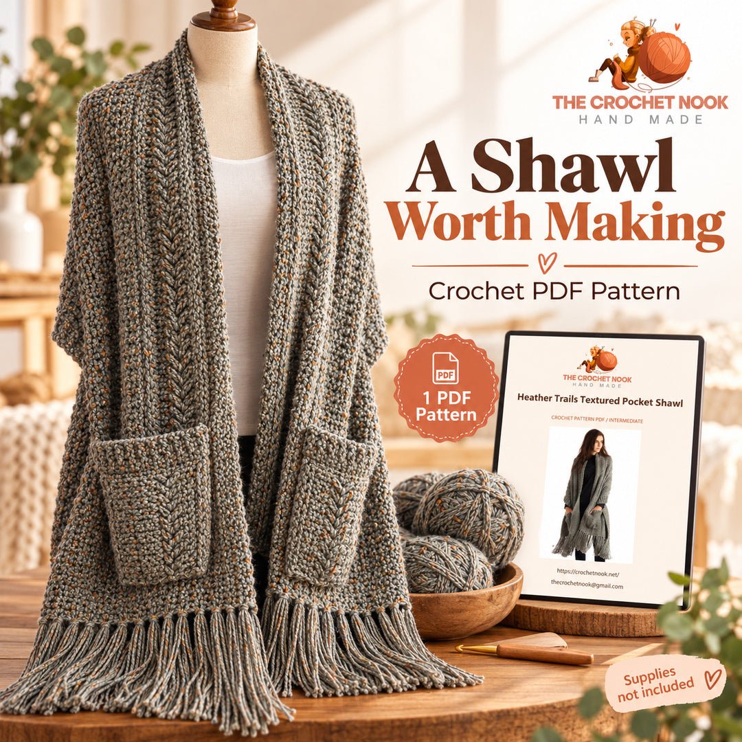 Heather Trails Textured Pocket Shawl Crochet Pattern — gray pocket shawl with yarn, crochet hook and actual four-page PDF cover preview. Digital pattern.
