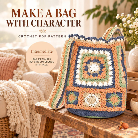 Heritage Garden Oversized Granny Bag crochet bag in a cozy lifestyle setting; digital crochet PDF pattern.
