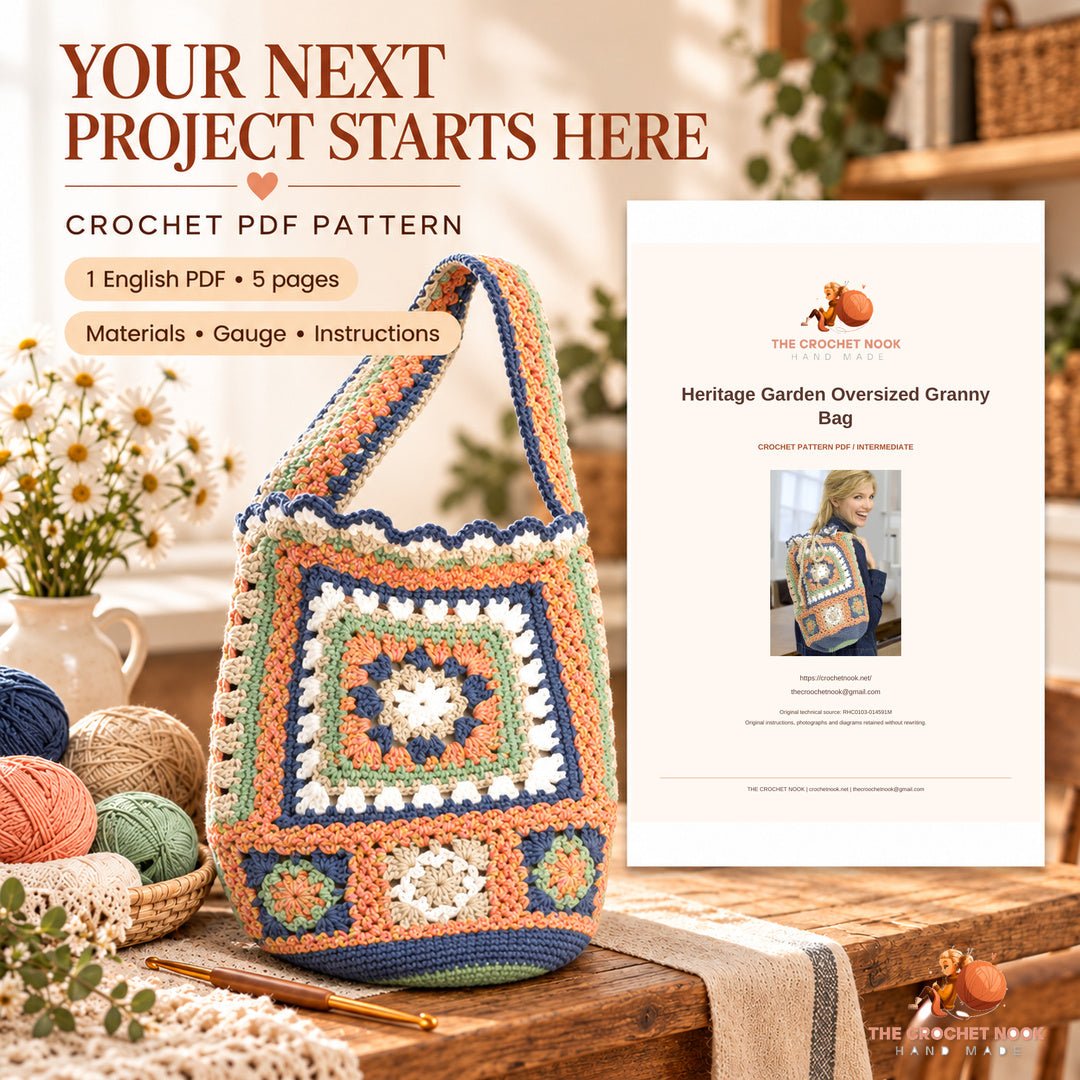 Heritage Garden Oversized Granny Bag crochet project with yarn, hook and the actual cover preview of the 5-page English PDF pattern.