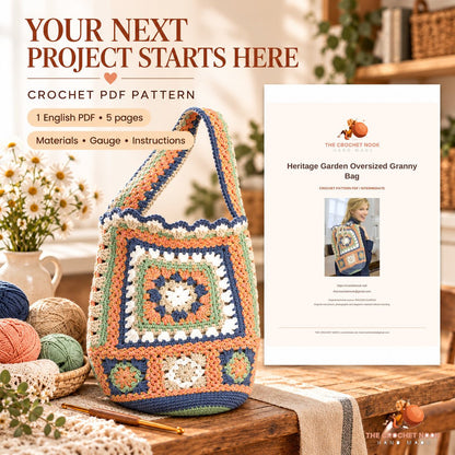 Heritage Garden Oversized Granny Bag crochet project with yarn, hook and the actual cover preview of the 5-page English PDF pattern.