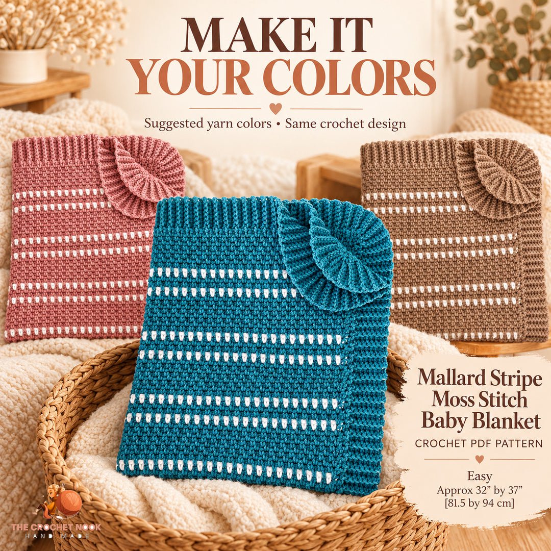 Suggested alternative yarn colors for the same Mallard Stripe Moss Stitch Baby Blanket crochet construction; color inspiration.