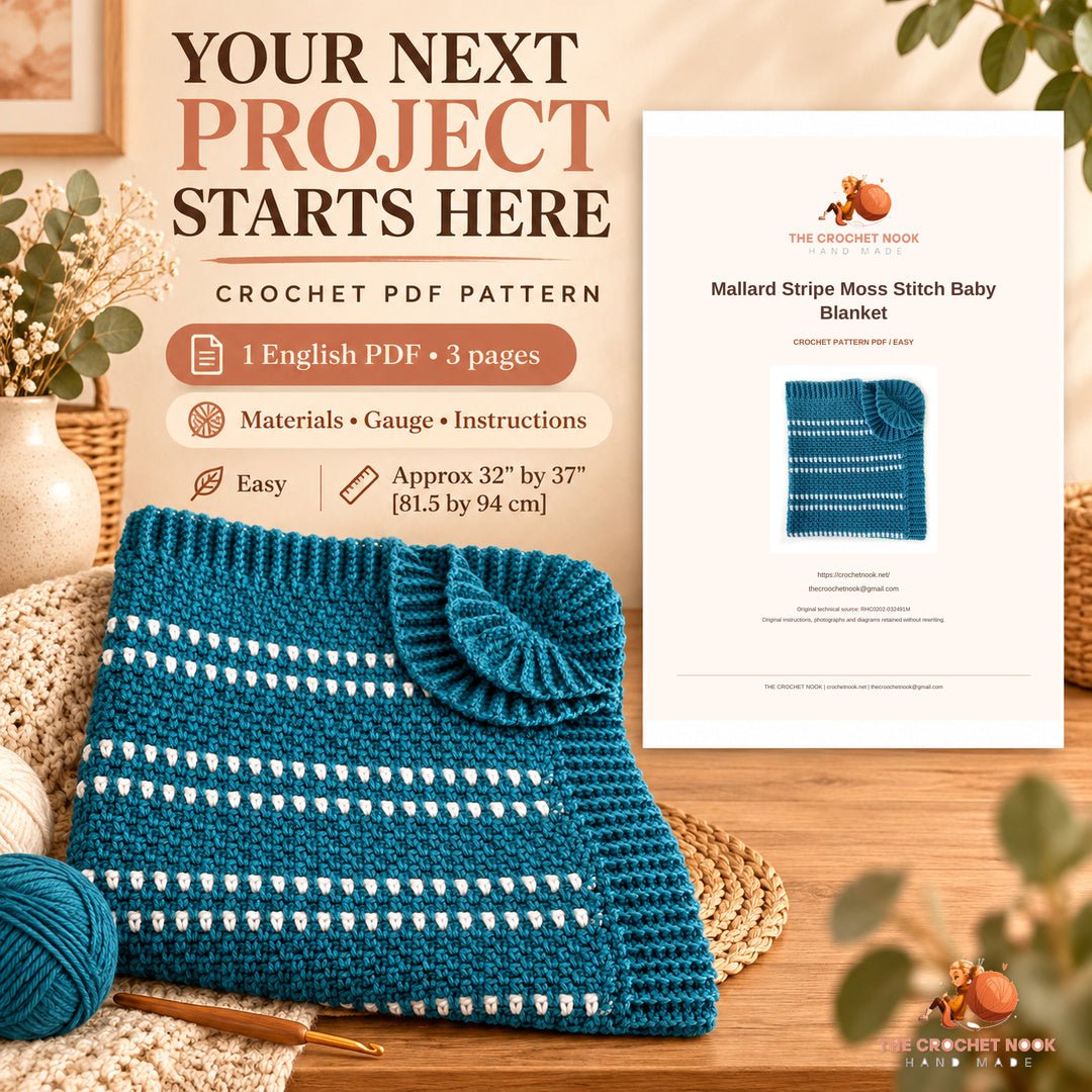 Mallard Stripe Moss Stitch Baby Blanket crochet project with yarn, hook and the actual cover preview of the 3-page English PDF pattern.