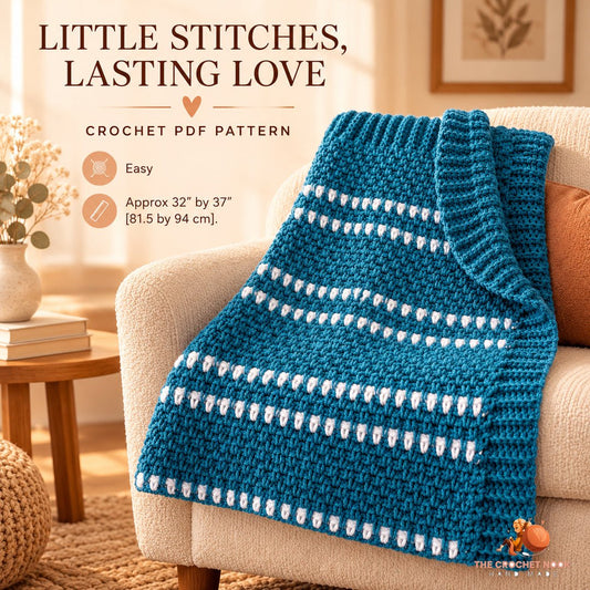Mallard Stripe Moss Stitch Baby Blanket crochet baby blanket in a cozy lifestyle setting; digital crochet PDF pattern.