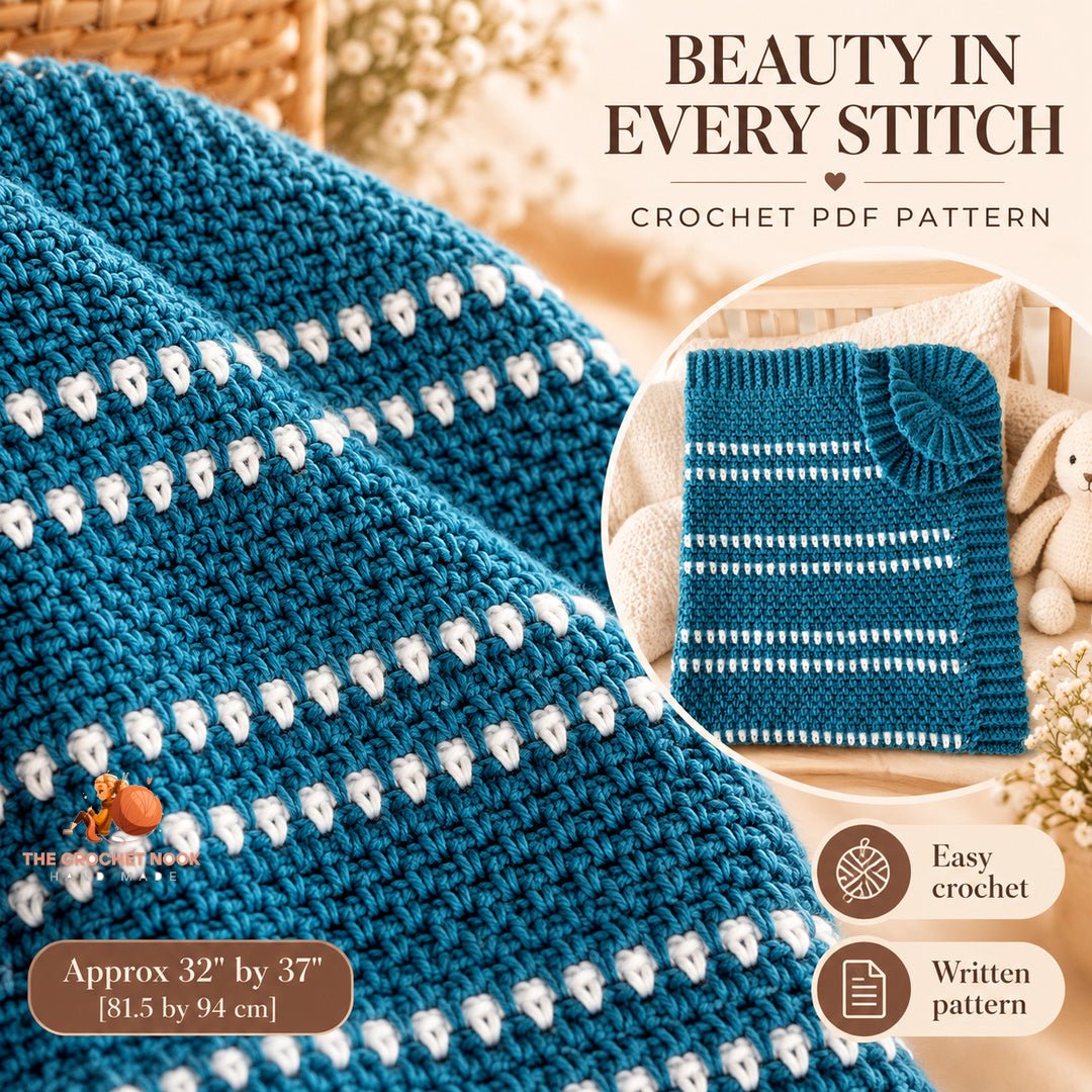 Close-up of the original Mallard Stripe Moss Stitch Baby Blanket stitch texture and crochet design.