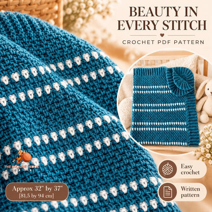 Close-up of the original Mallard Stripe Moss Stitch Baby Blanket stitch texture and crochet design.