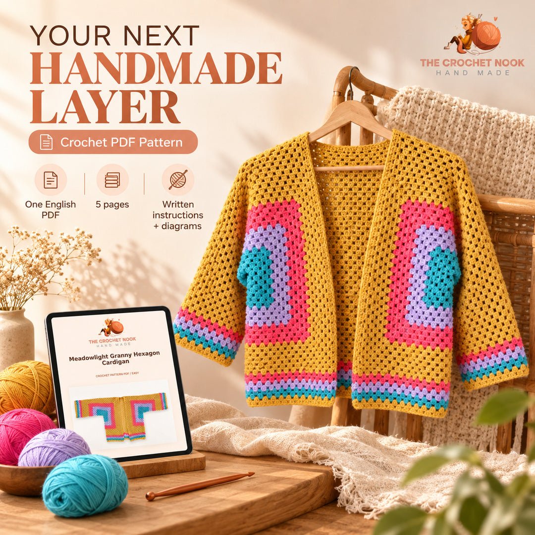 Meadowlight Granny Hexagon Cardigan Crochet Pattern with yarn, crochet hook and the actual branded PDF cover preview. Digital crochet pattern.