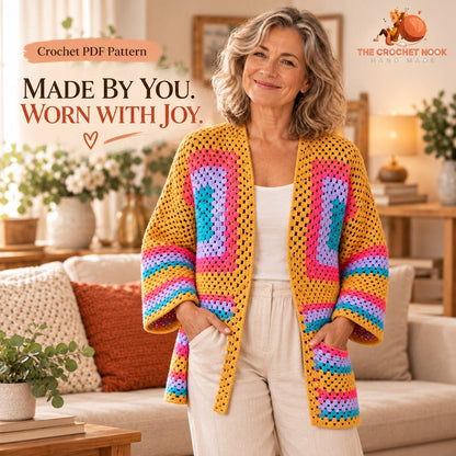 Meadowlight Granny Hexagon Cardigan Crochet Pattern worn by a woman around 54 in a cozy home. Digital crochet pattern.