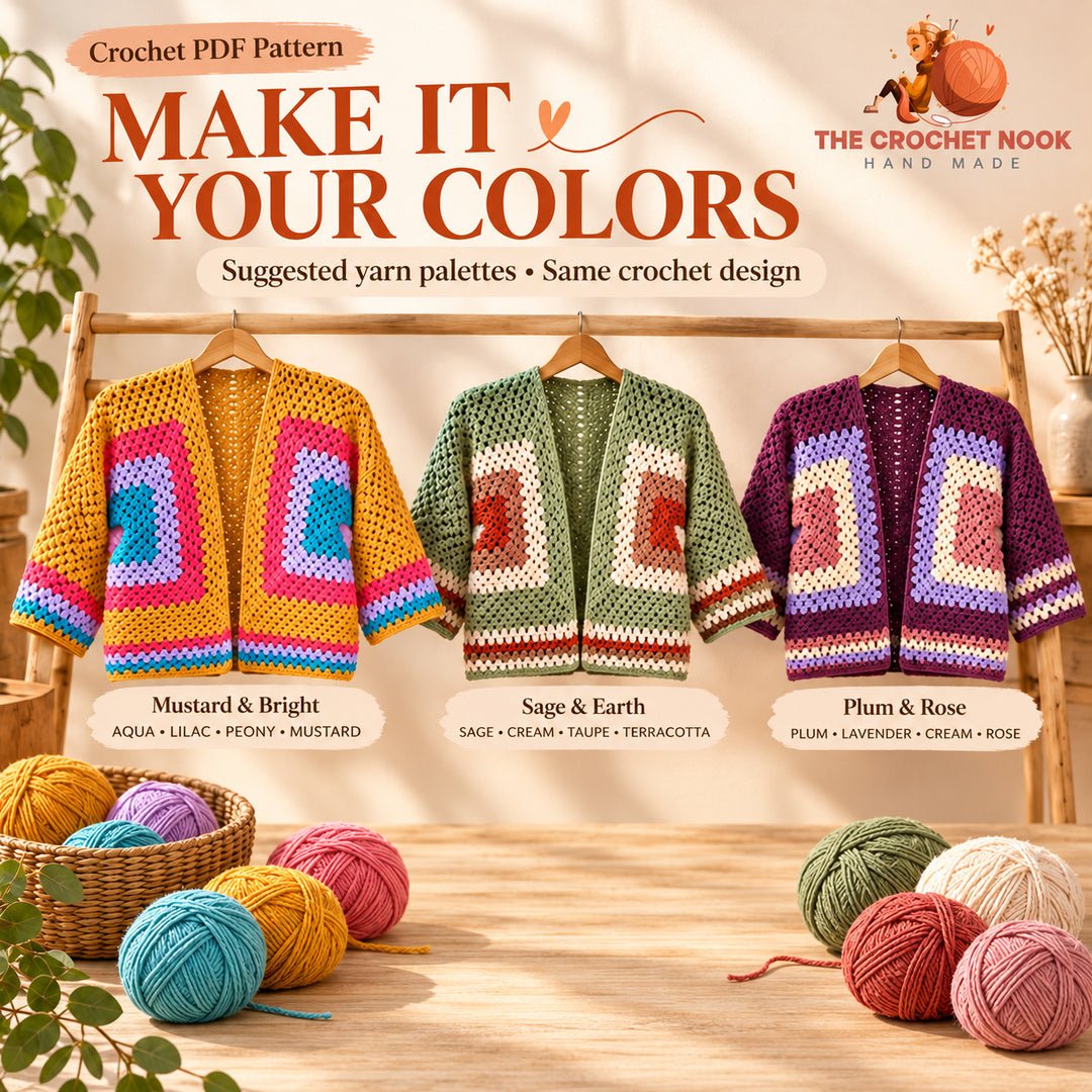 Meadowlight Granny Hexagon Cardigan Crochet Pattern in three suggested yarn palettes with the same design. Digital crochet pattern.