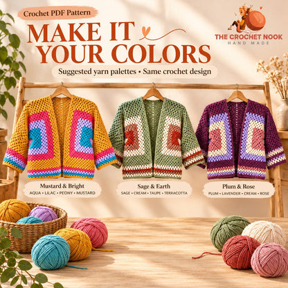 Meadowlight Granny Hexagon Cardigan Crochet Pattern in three suggested yarn palettes with the same design. Digital crochet pattern.