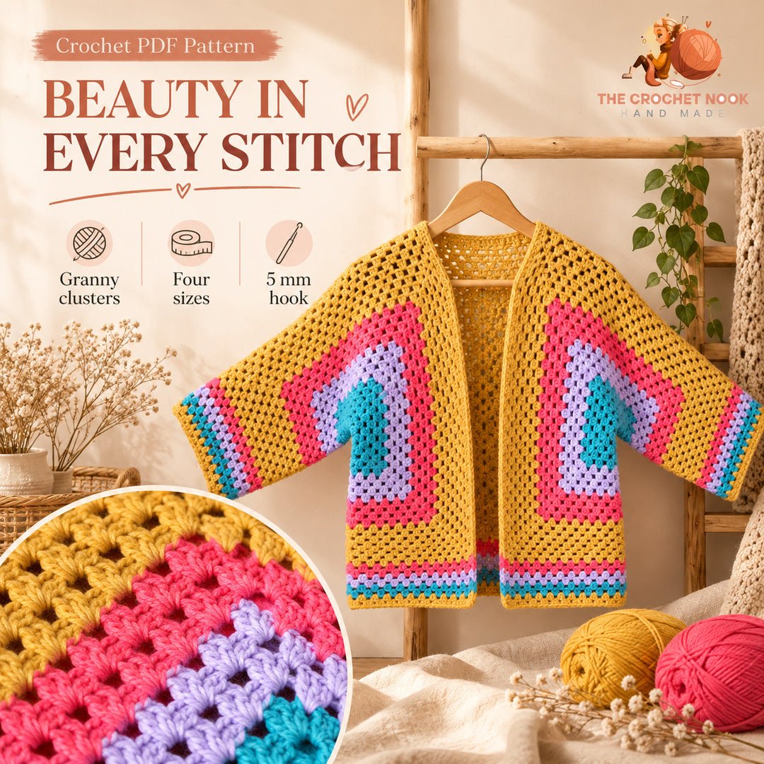 Meadowlight Granny Hexagon Cardigan Crochet Pattern showing granny clusters and mirrored color bands. Digital crochet pattern.