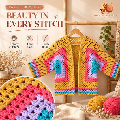 Meadowlight Granny Hexagon Cardigan Crochet Pattern showing granny clusters and mirrored color bands. Digital crochet pattern.