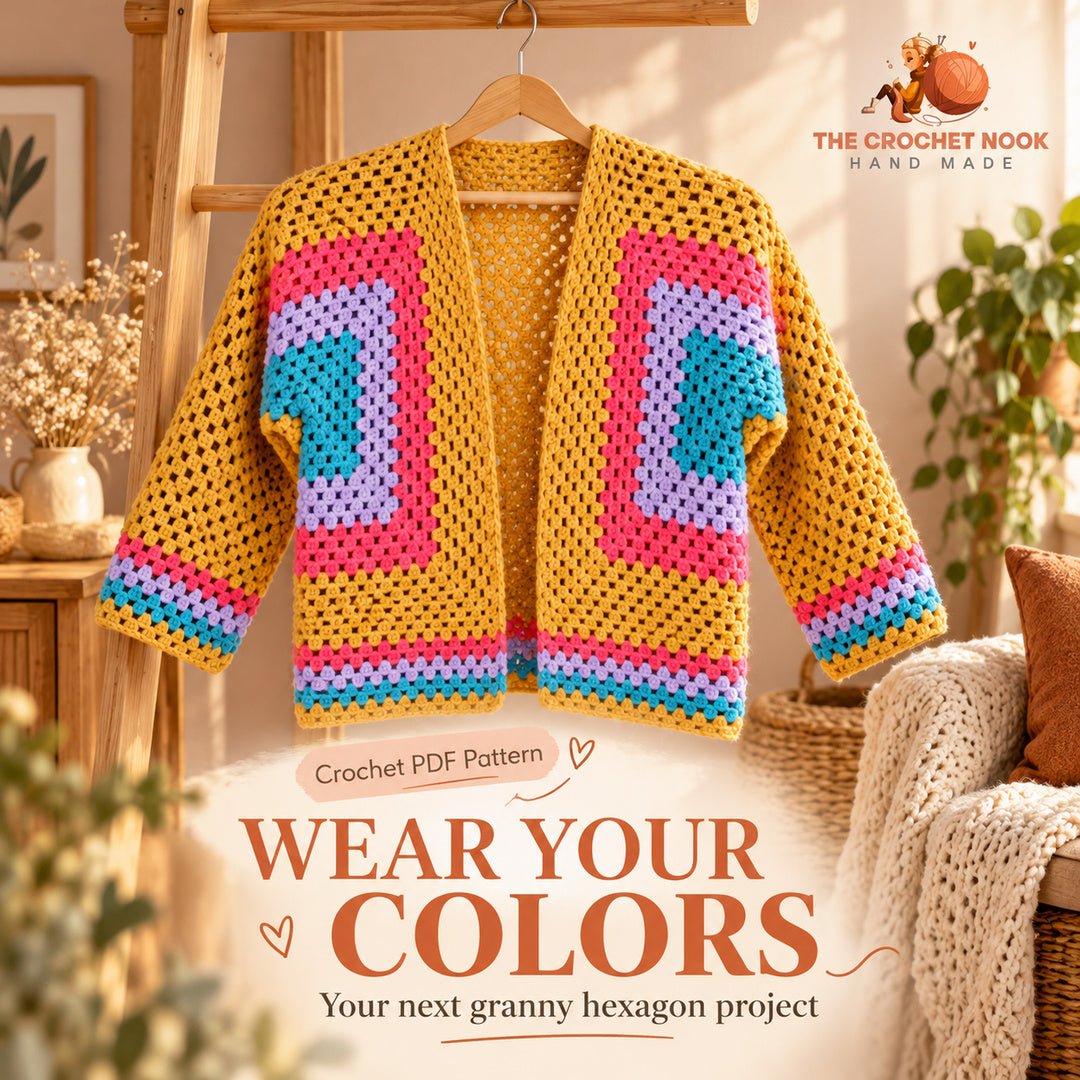 Meadowlight Granny Hexagon Cardigan Crochet Pattern displayed in a warm home setting. Digital crochet pattern.