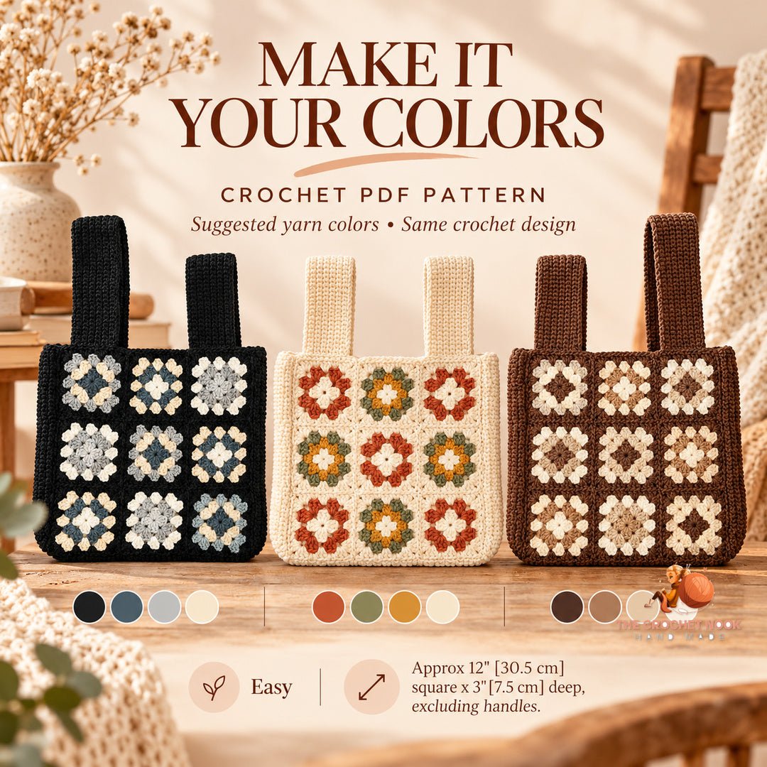 Suggested alternative yarn colors for the same Monochrome Mosaic Granny Square Bag crochet construction; color inspiration.