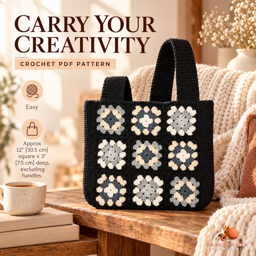 Monochrome Mosaic Granny Square Bag crochet bag in a cozy lifestyle setting; digital crochet PDF pattern.