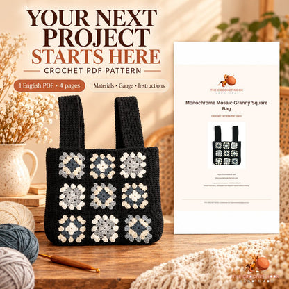 Monochrome Mosaic Granny Square Bag crochet project with yarn, hook and the actual cover preview of the 4-page English PDF pattern.