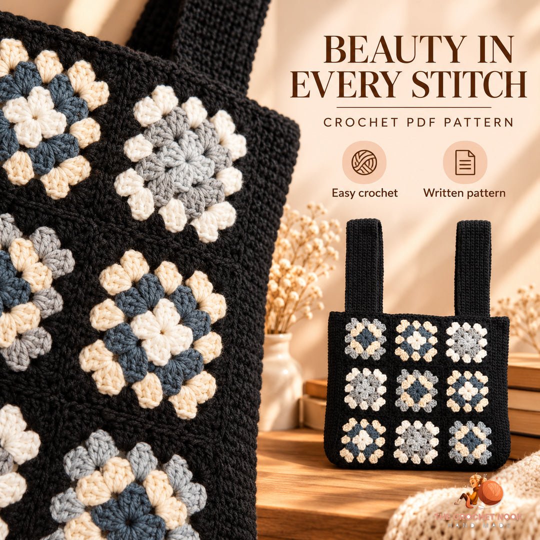Close-up of the original Monochrome Mosaic Granny Square Bag stitch texture and crochet design.