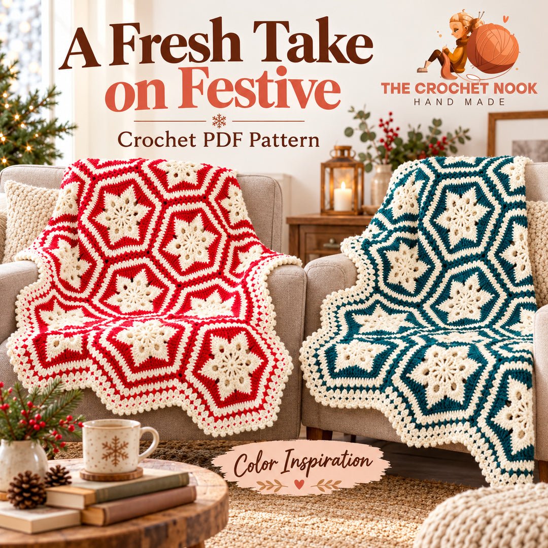 Nordic Snowflake Motif Blanket Crochet Pattern — red and teal color inspiration preserving the snowflake hexagon layout. Digital pattern.