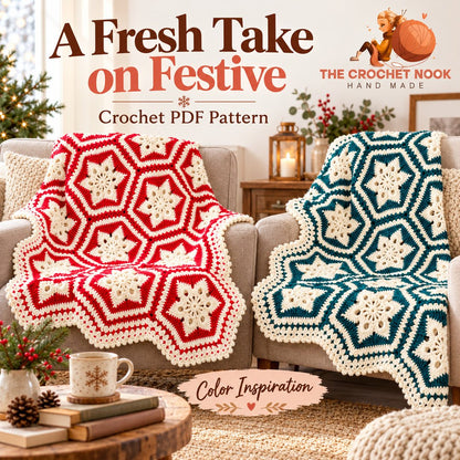Nordic Snowflake Motif Blanket Crochet Pattern — red and teal color inspiration preserving the snowflake hexagon layout. Digital pattern.